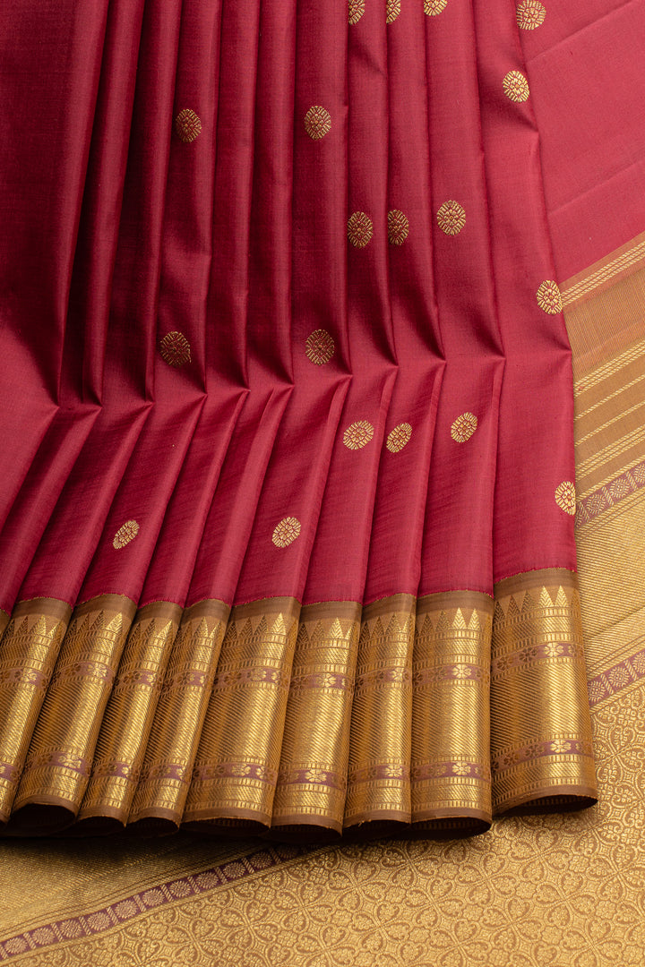Ruby red and khaki gold  traditional pure kanchipuram silk saree