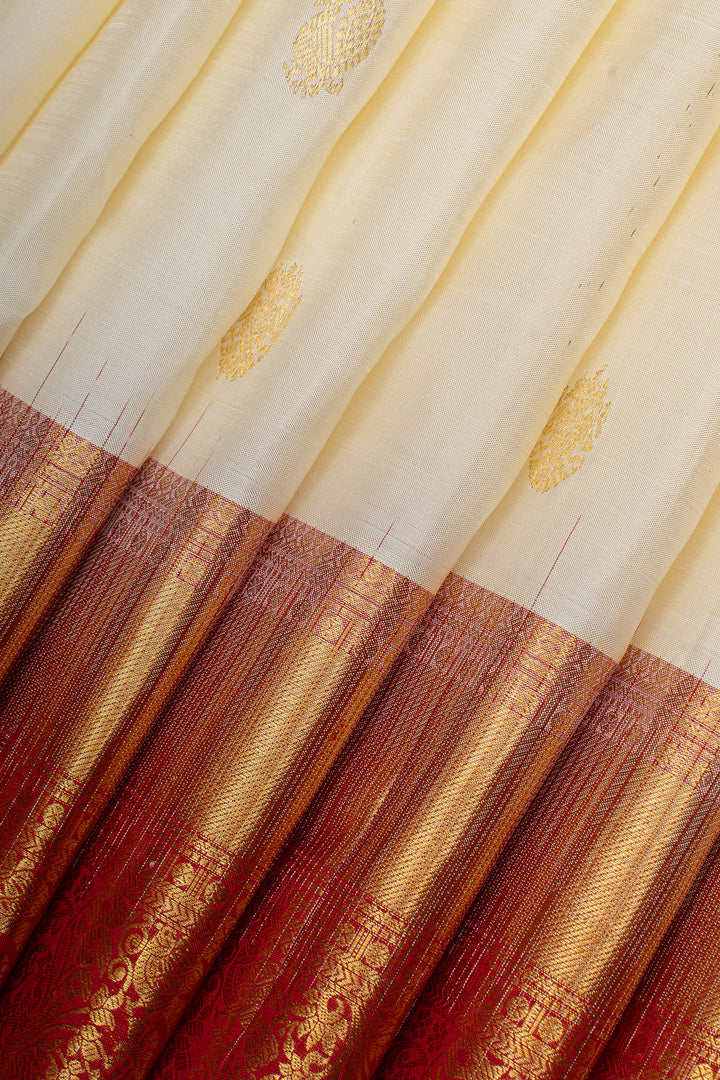 Ivory and red traditional pure kanchipuram silk saree