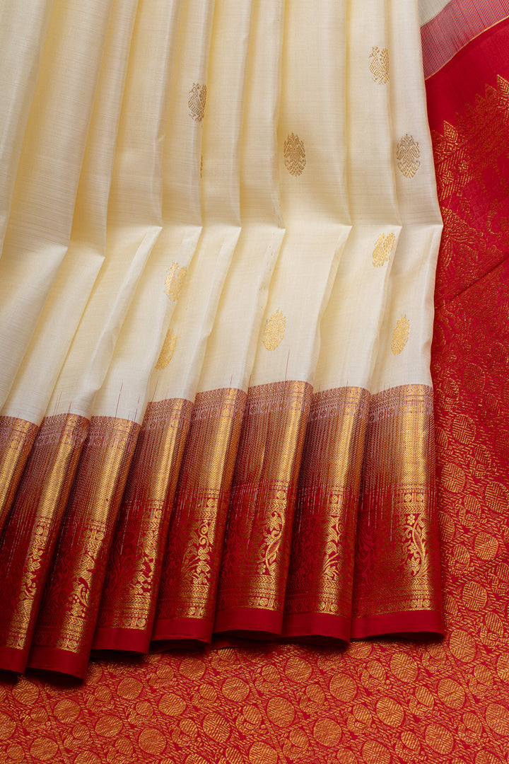 Ivory and red traditional pure kanchipuram silk saree