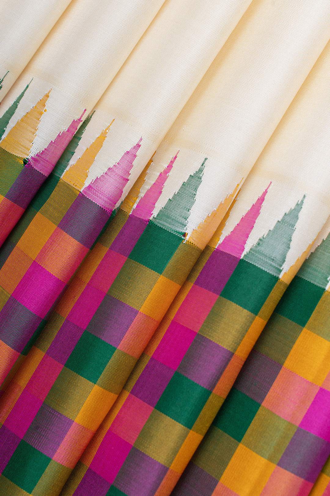 Ivory multi checks border  pure kanchipuram silk saree