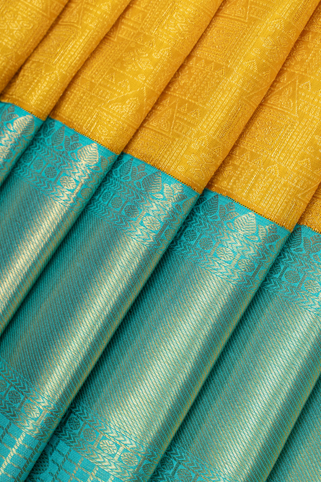 Mustard and teal brocade pure kanchipuram silk saree