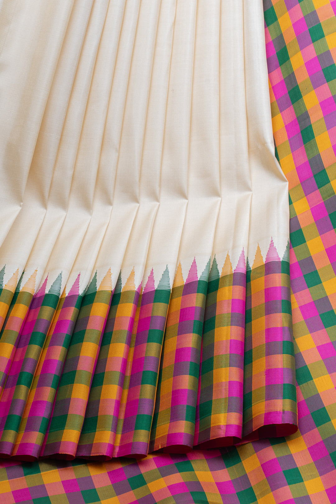 Ivory multi checks border  pure kanchipuram silk saree