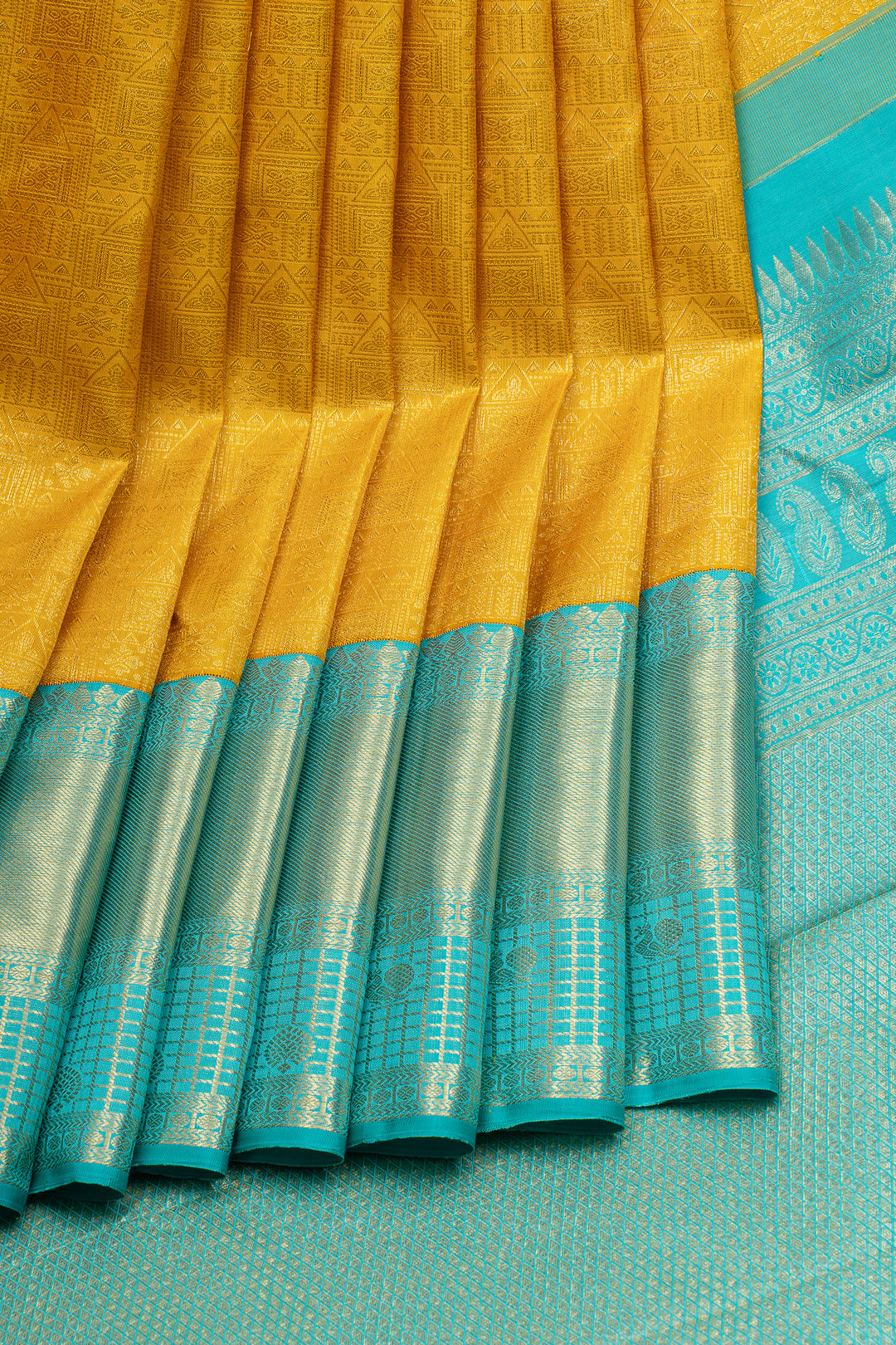 Mustard and teal brocade pure kanchipuram silk saree