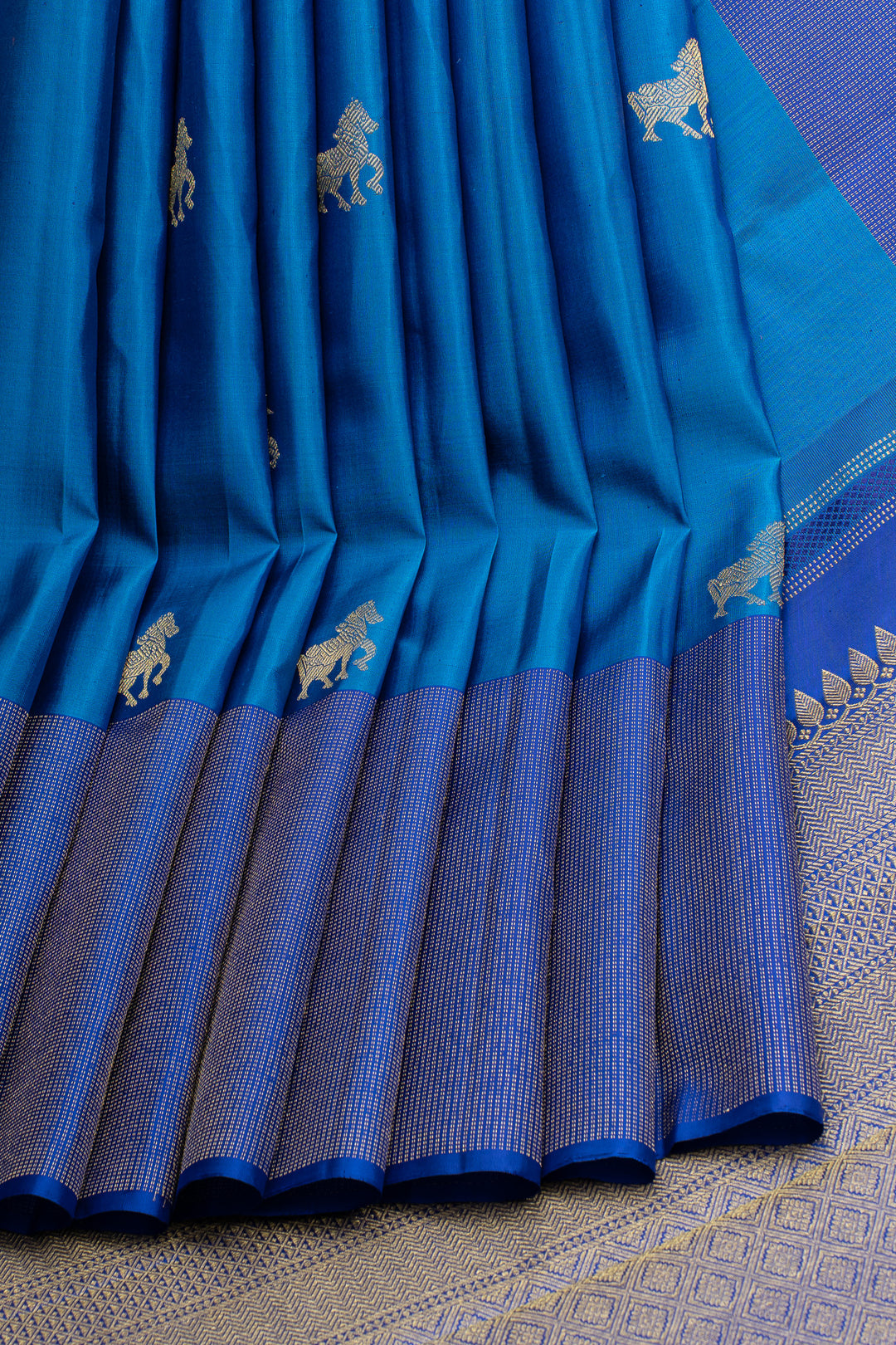 Azure blue horse motifs pure kanchipuram silk saree