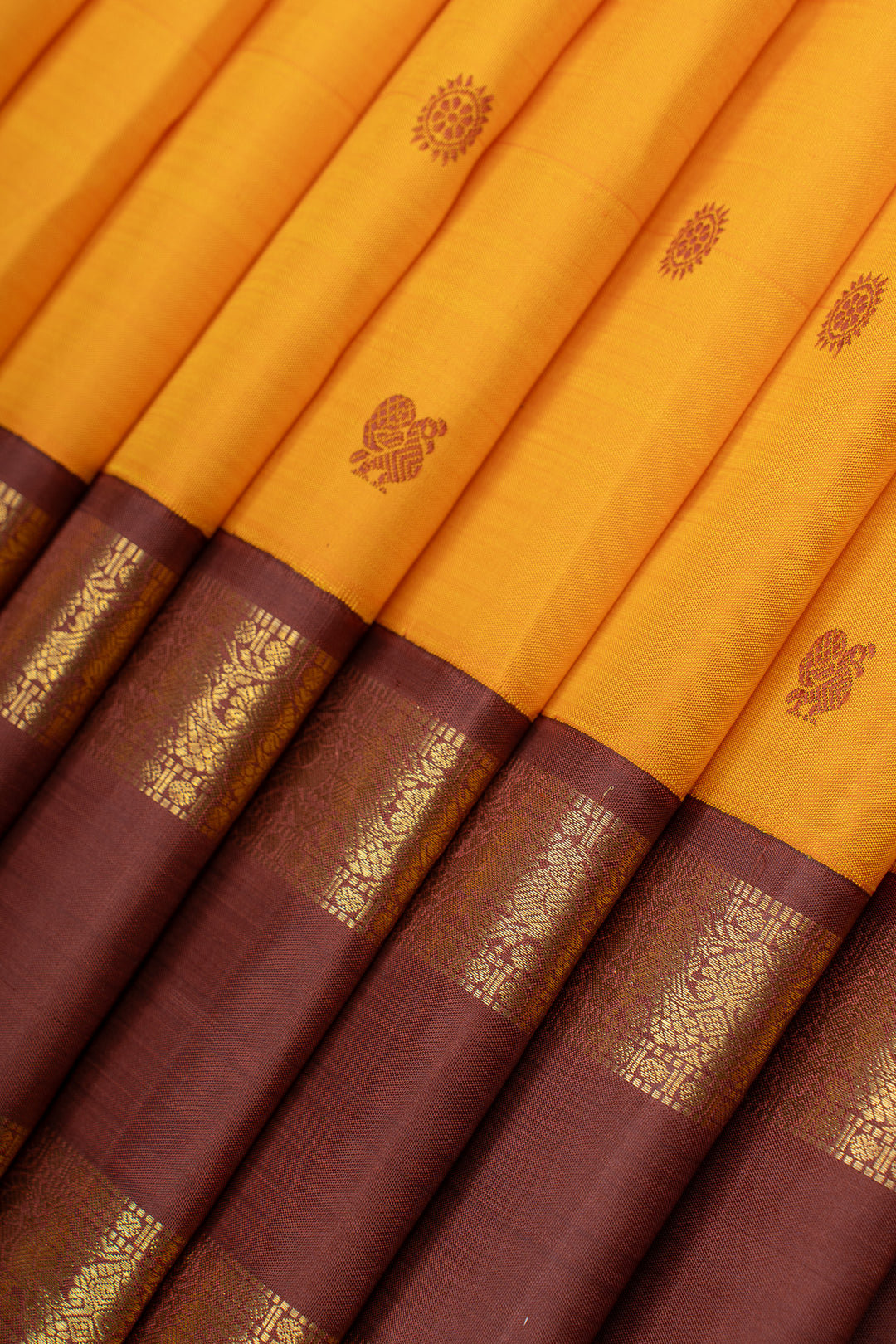 Mustard and brown rettai pettu pure kanchipuram silk saree