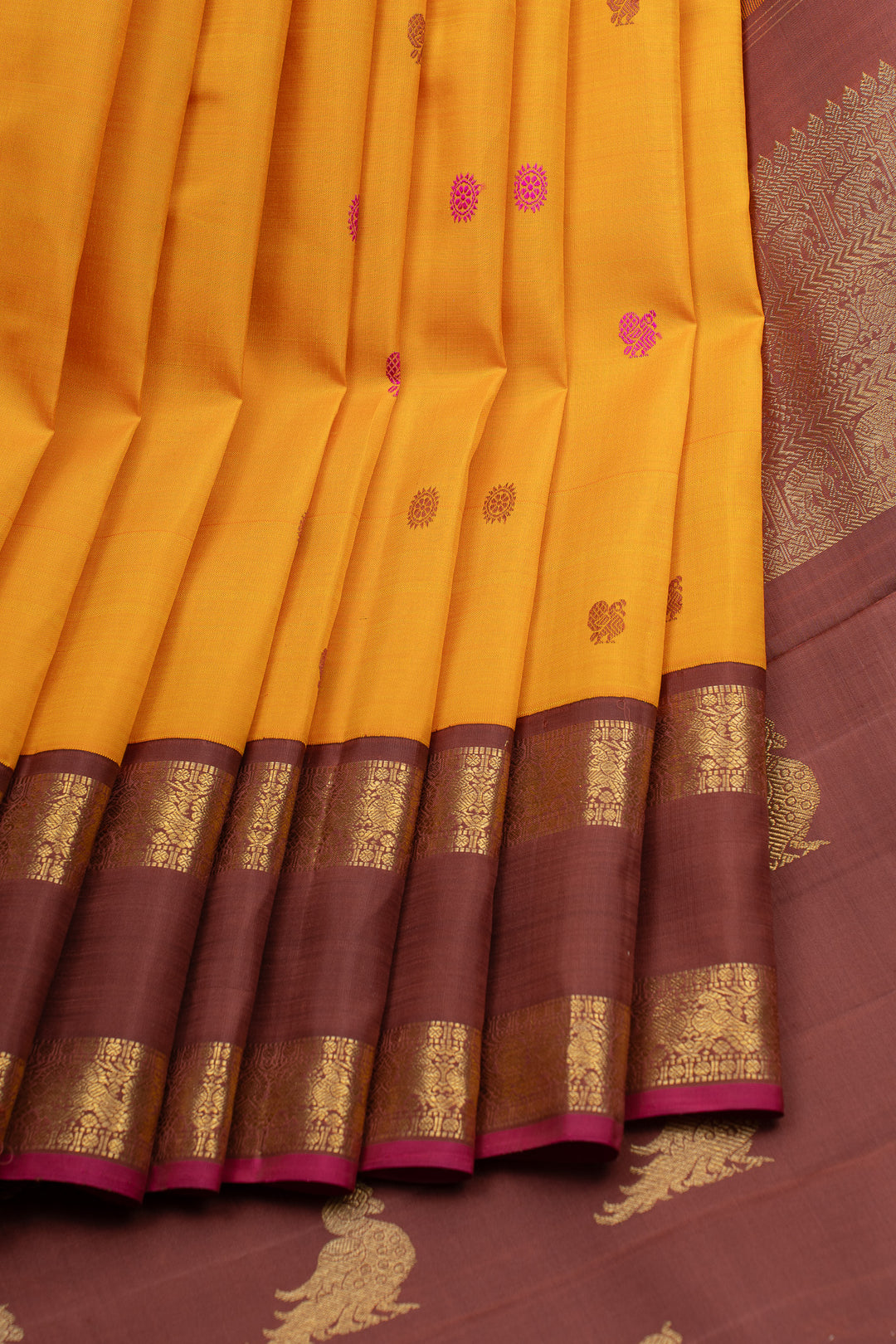 Mustard and brown rettai pettu pure kanchipuram silk saree