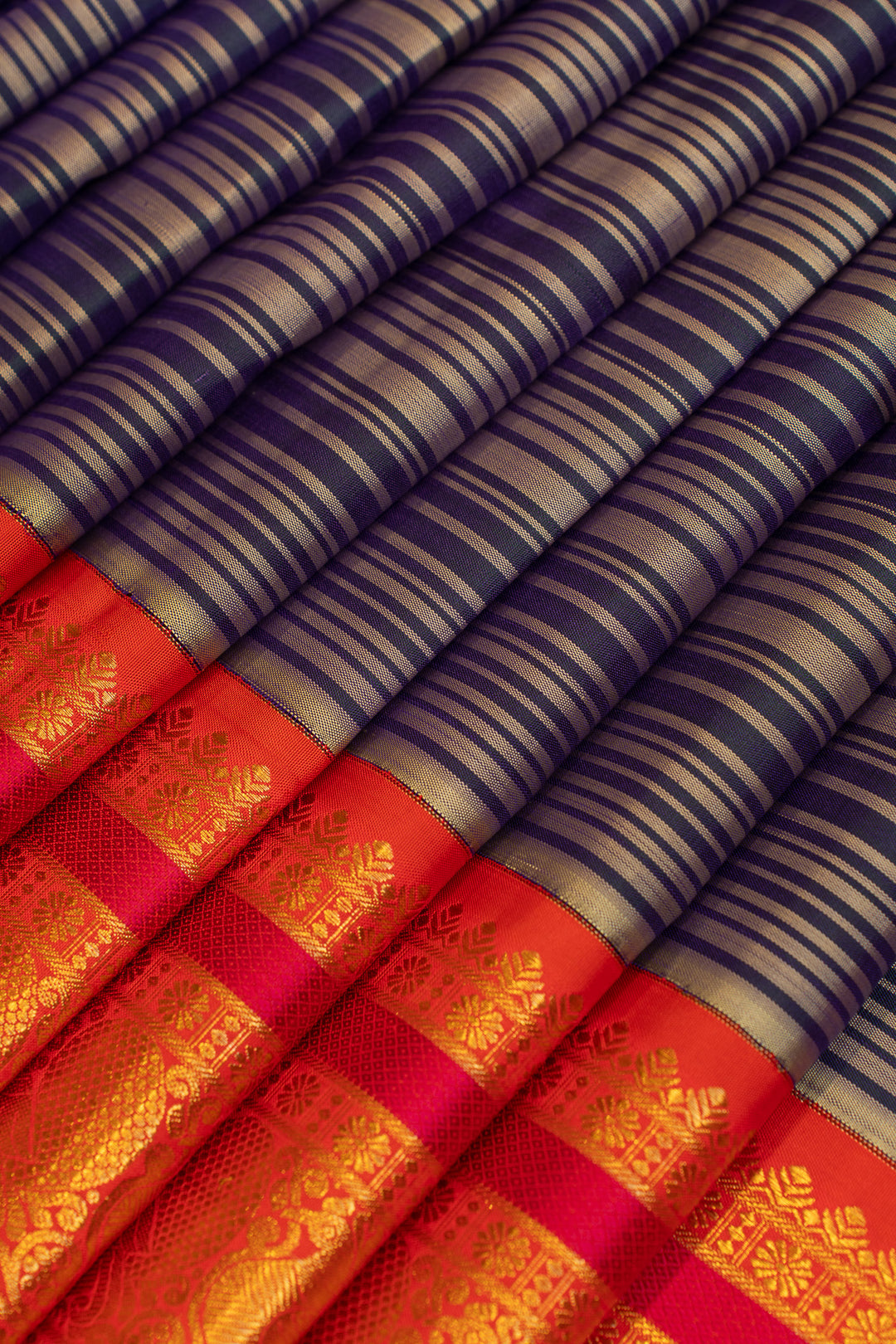Blue and orange bayside stripes pure Kanchipuram silk saree
