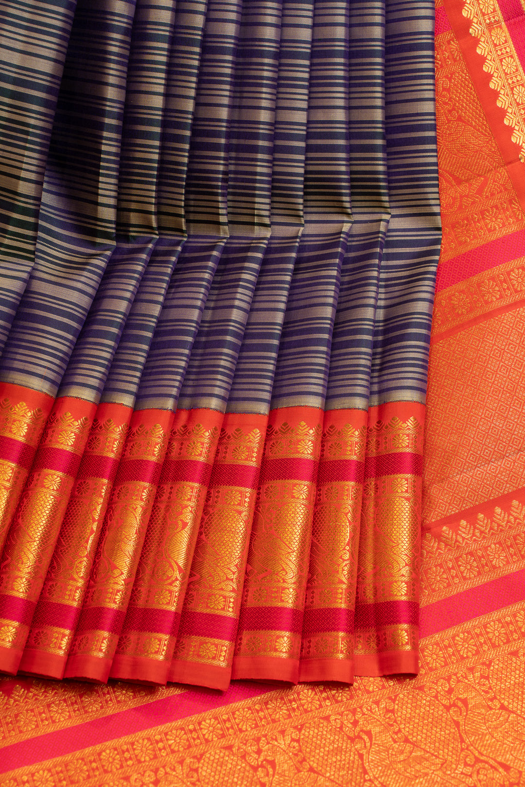 Blue and orange bayside stripes pure Kanchipuram silk saree