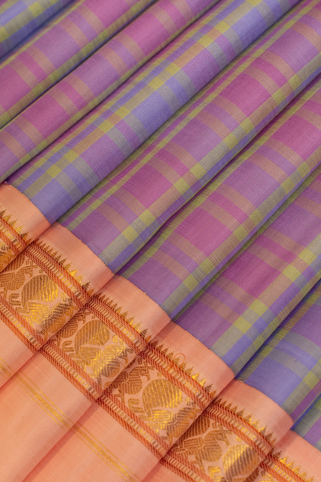 Lilac purple multi checks pure Kanchipuram silk saree