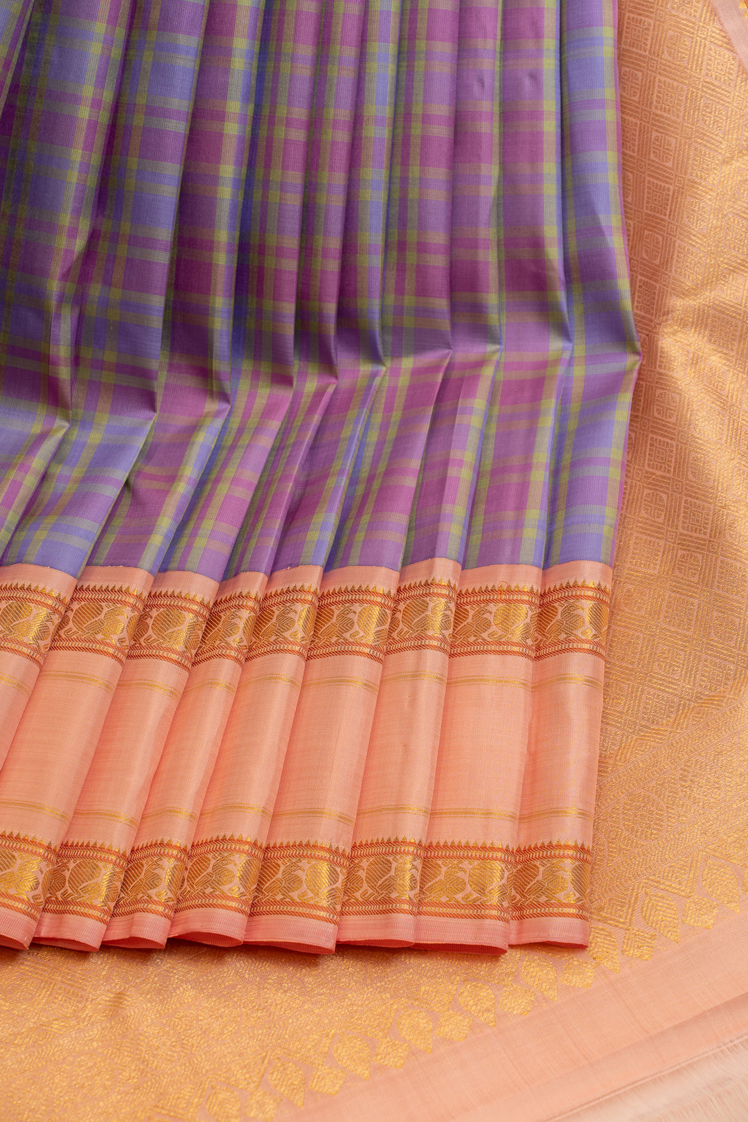 Lilac purple multi checks pure Kanchipuram silk saree