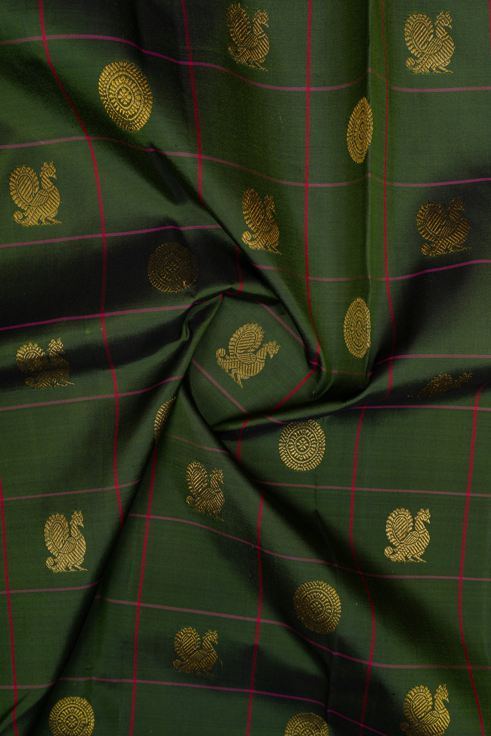 Bottle green borderless checks pure kanchipuram silk saree