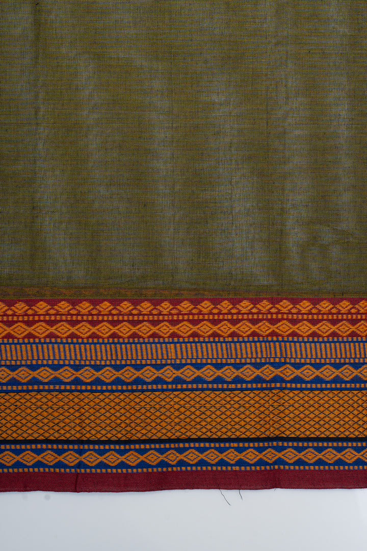 Olive green threadwork pure cotton silk saree