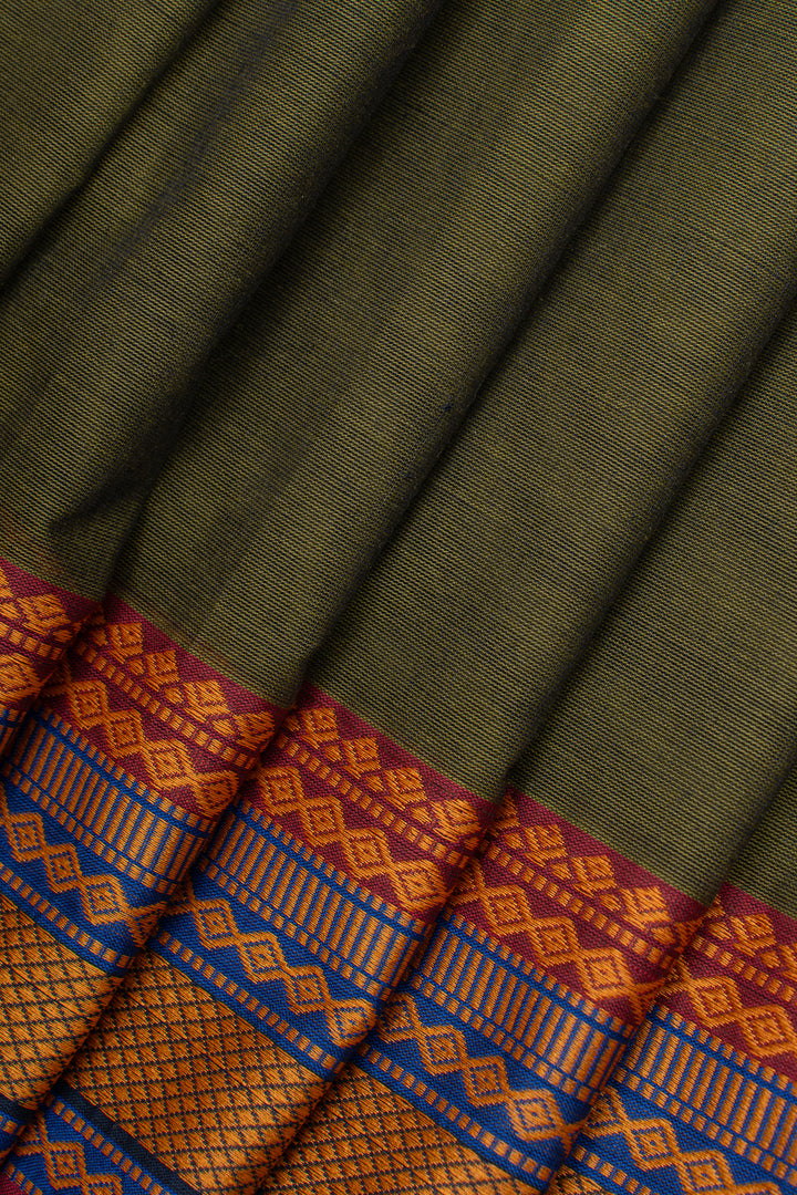 Olive green threadwork pure cotton silk saree