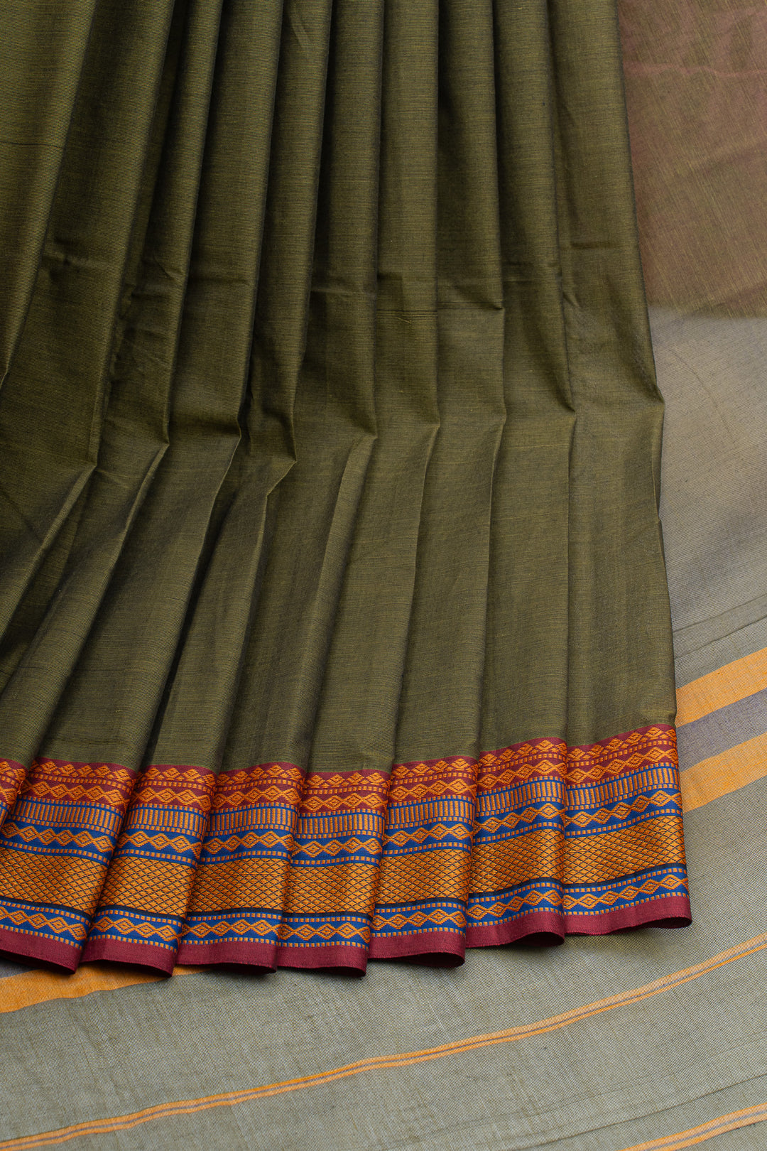Olive green threadwork pure cotton silk saree