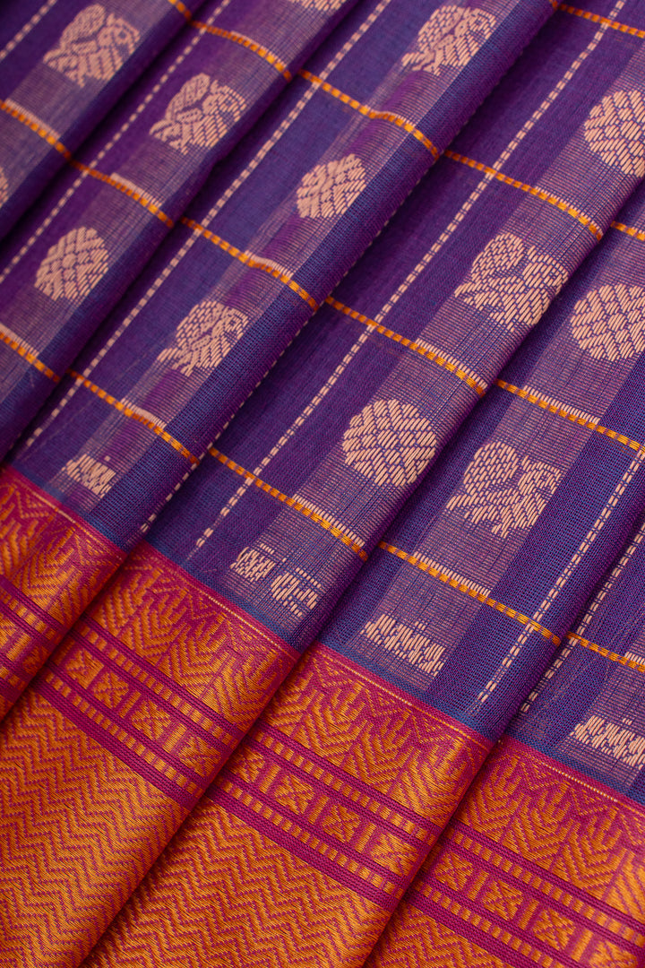 Purple checks pure cotton silk saree