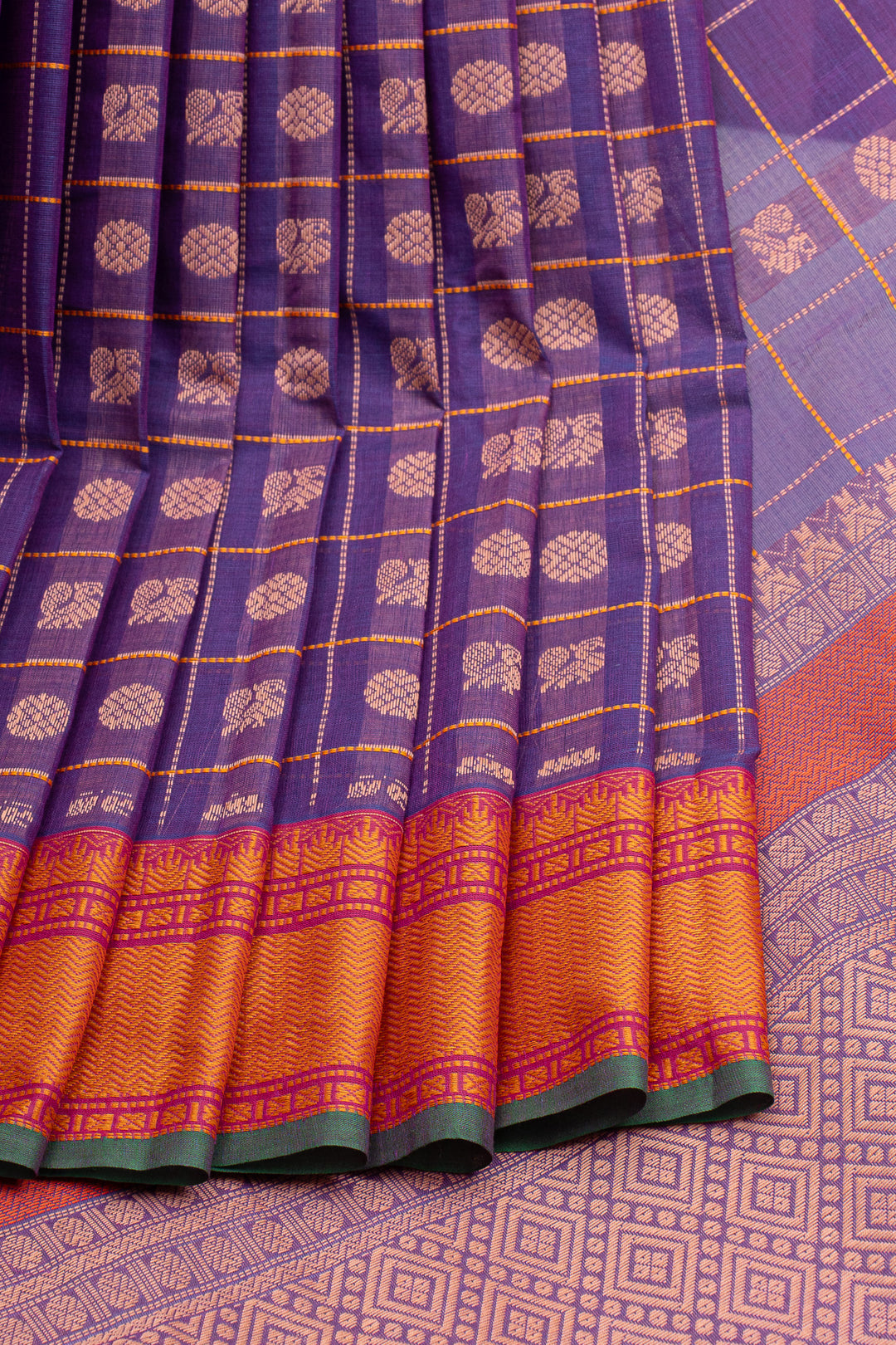 Purple checks pure cotton silk saree