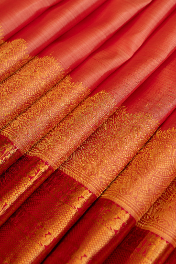 Peach turning border pure Kanchipuram silk saree