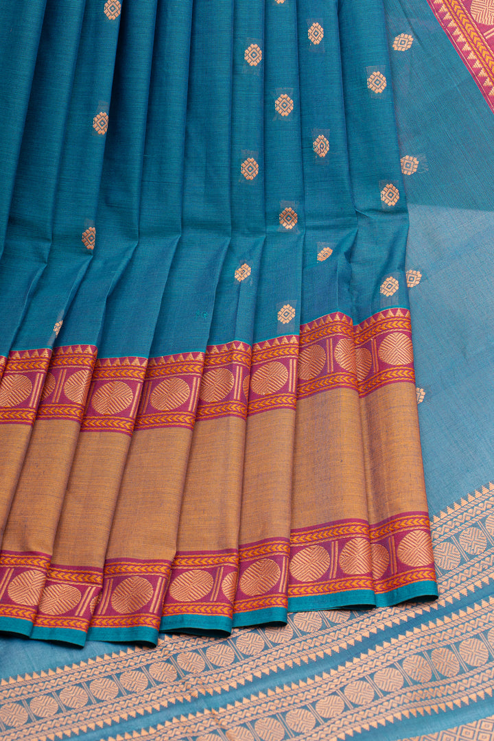 Peacock blue traditional pure cotton silk saree