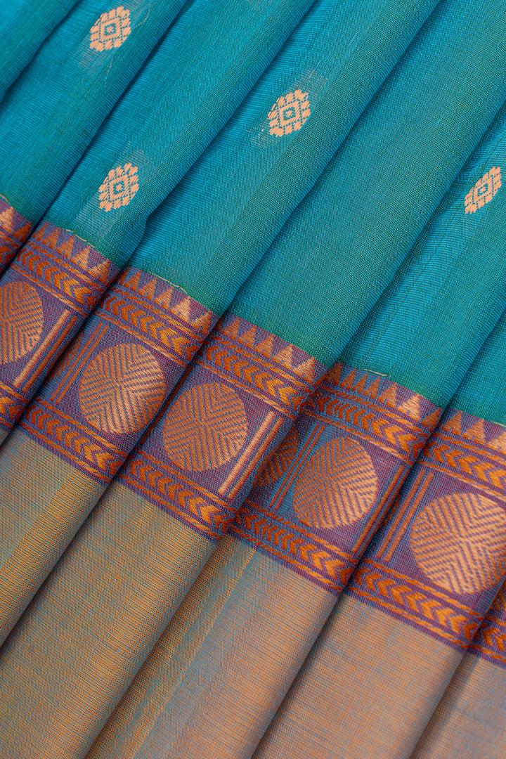 Teal Blue traditional pure cotton silk saree
