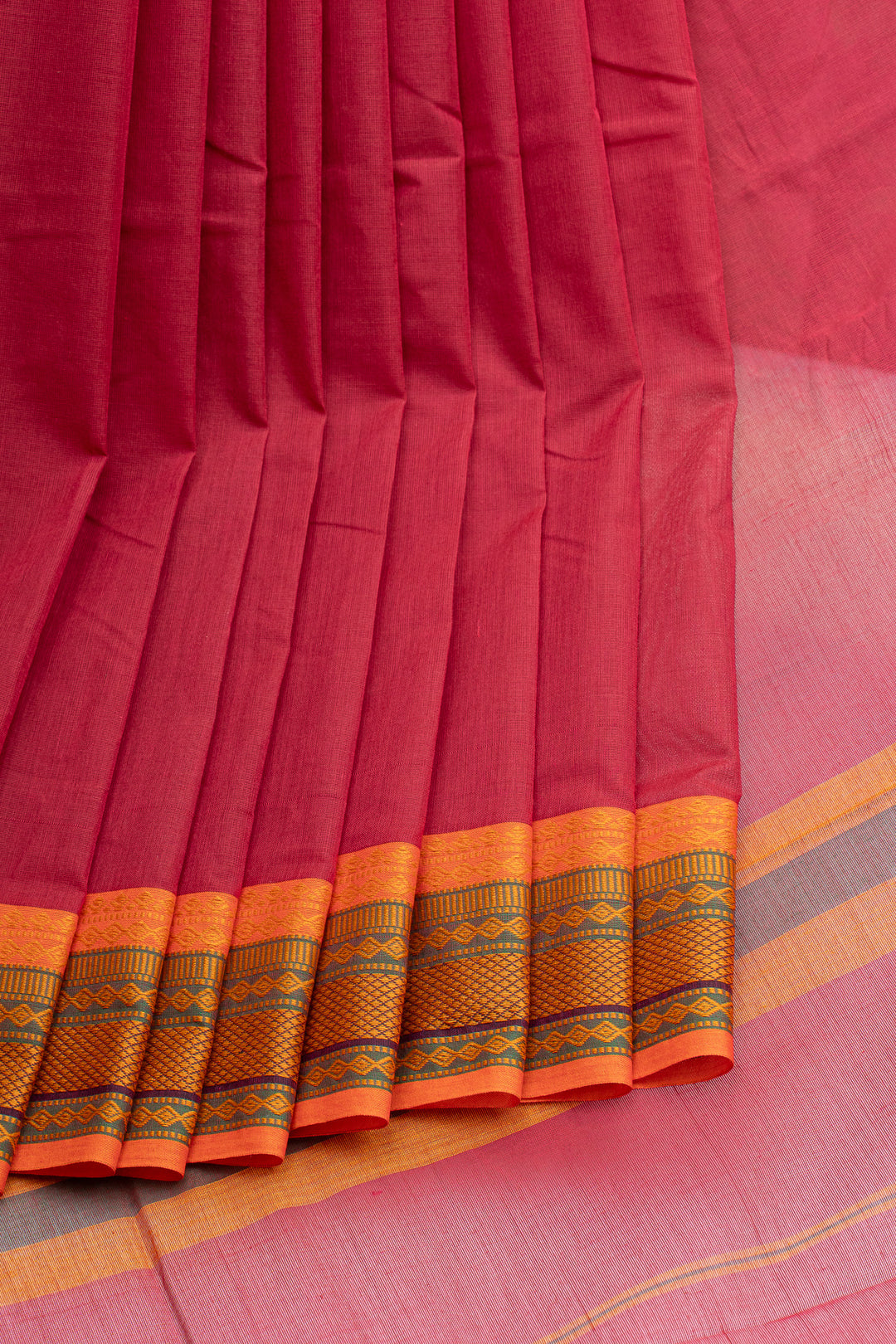 Red and orange threadwork pure cotton silk saree