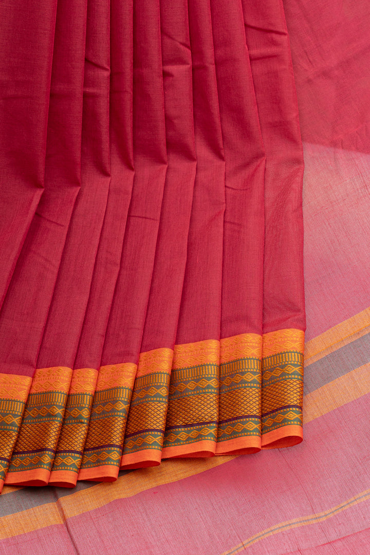 Red and orange threadwork pure cotton silk saree