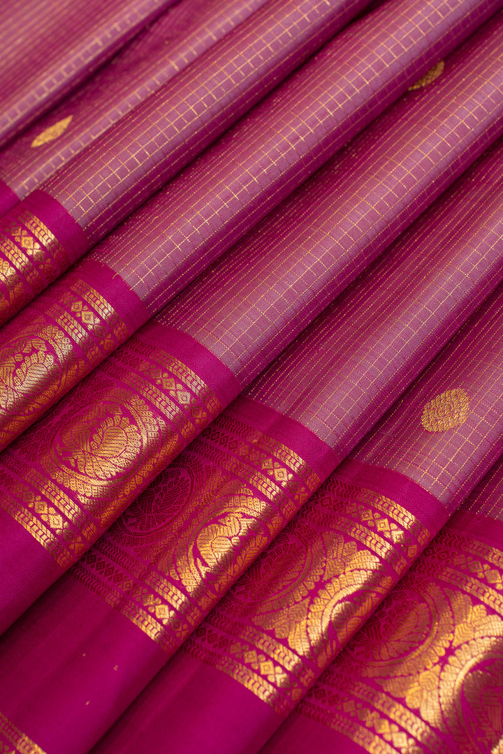 Purplish pink Zari checks pure Kanchipuram silk saree