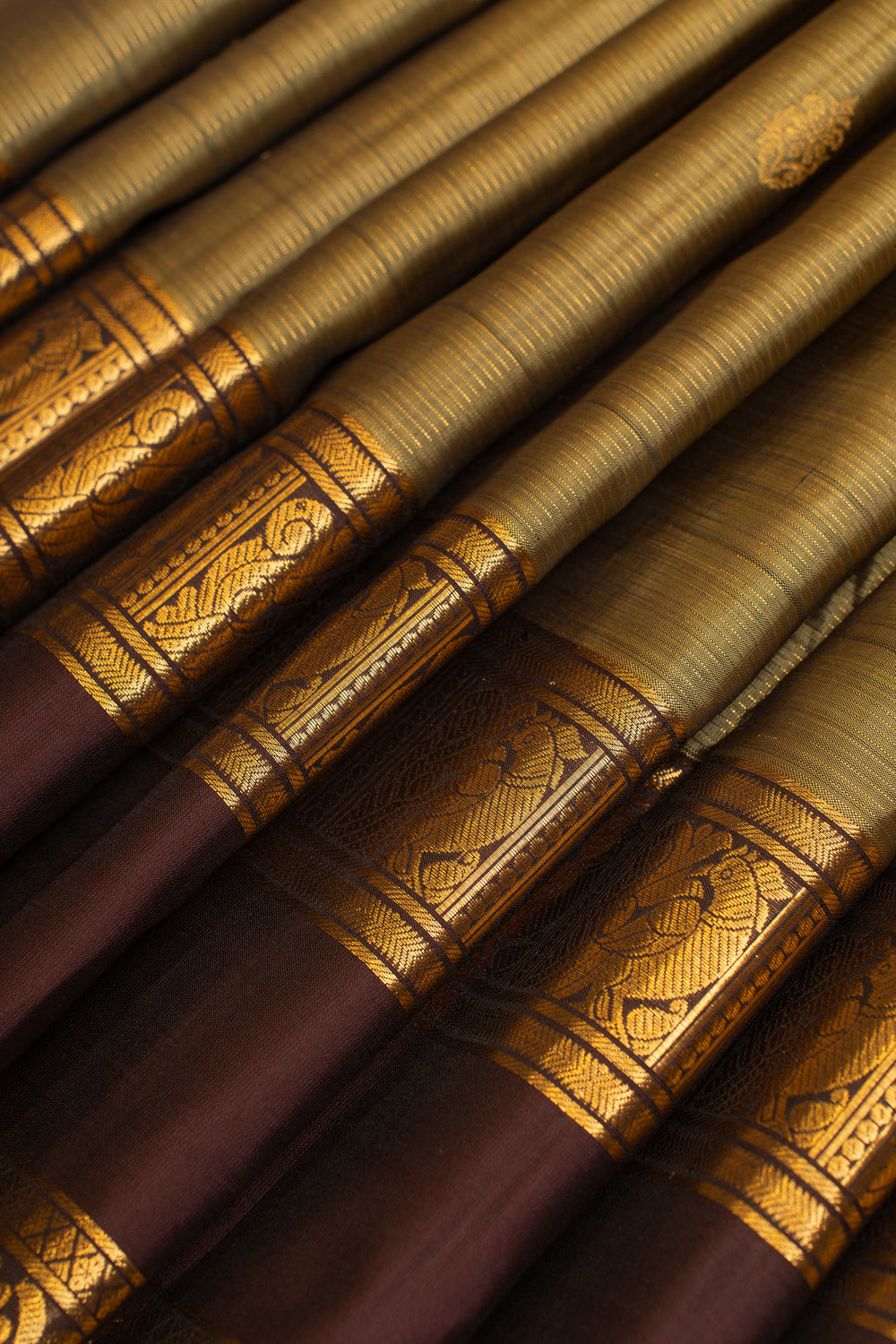 Olive green and brown rettai pettu pure Kanchipuram silk saree