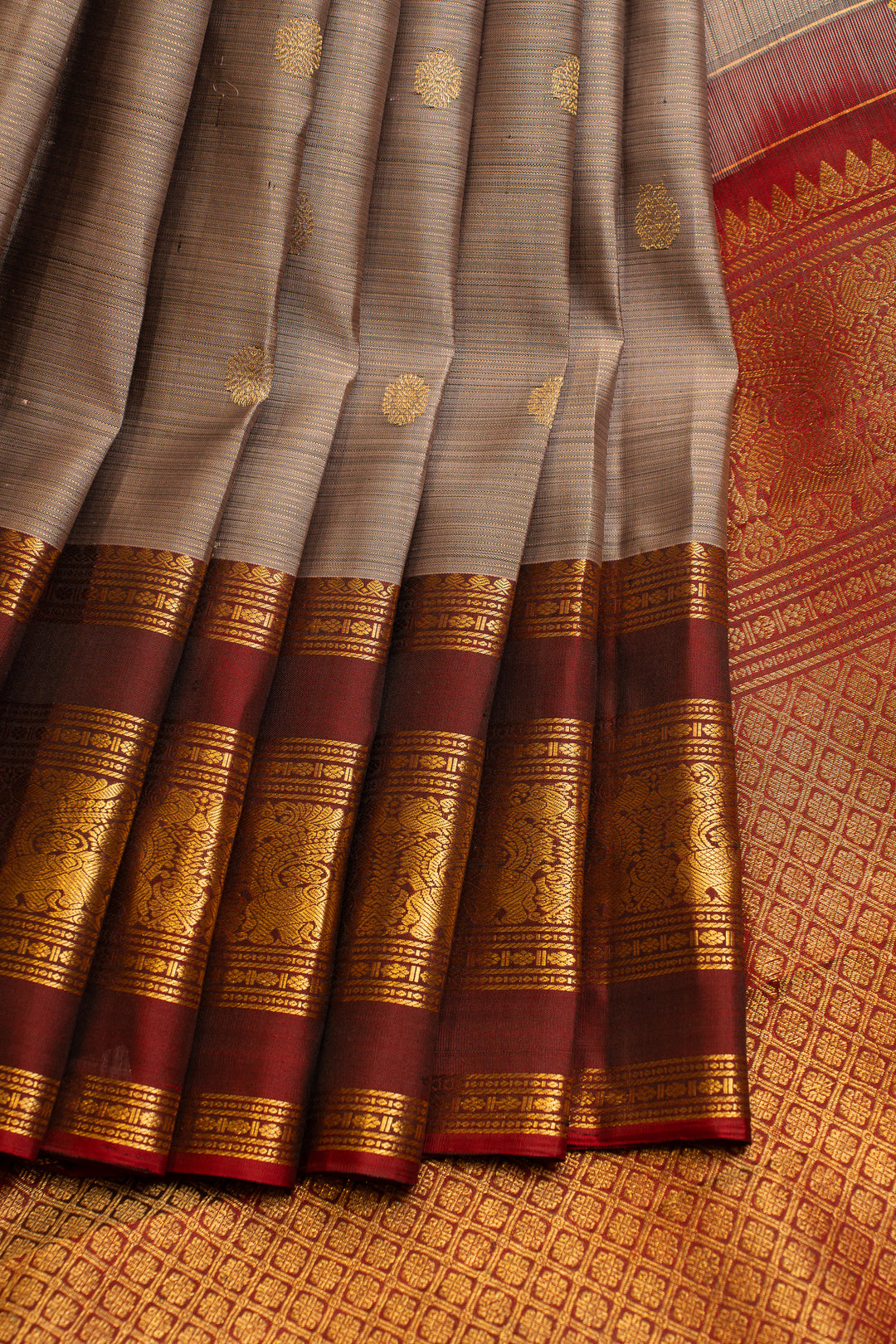 Grey and maroon pure Kanchipuram silk saree