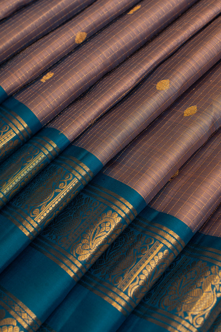 Mauve and blue Zari checks pure Kanchipuram silk saree