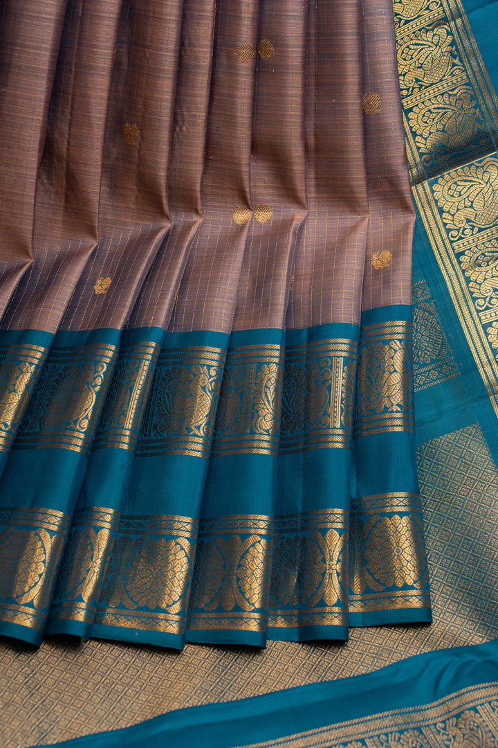 Mauve and blue Zari checks pure Kanchipuram silk saree