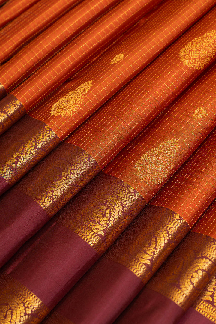 Rust orange Zari checks pure Kanchipuram silk saree