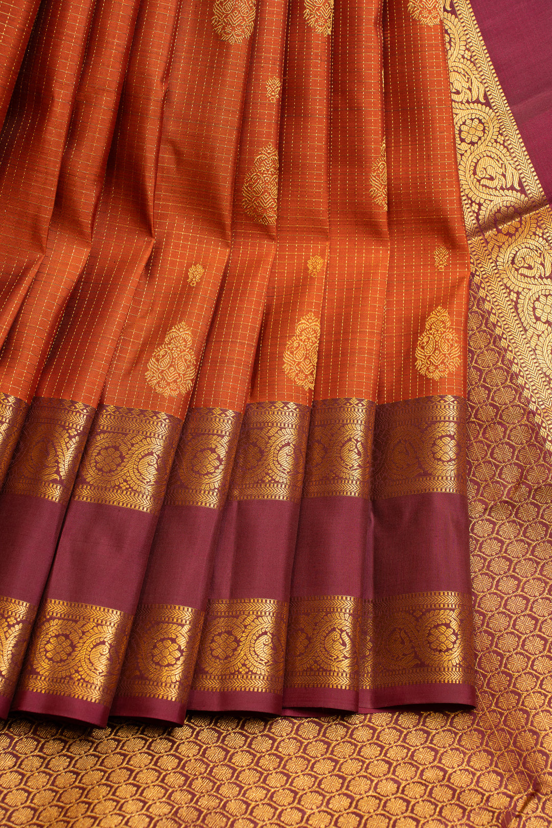 Rust orange Zari checks pure Kanchipuram silk saree