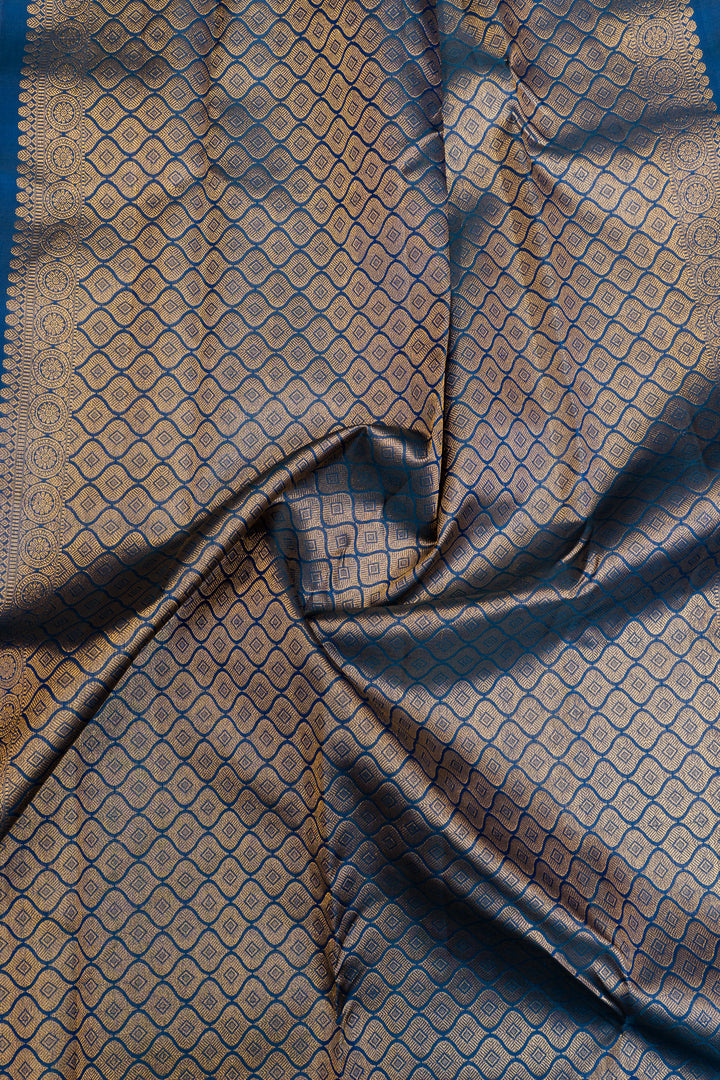 Peacock blue small Border pure Kanchipuram silk saree