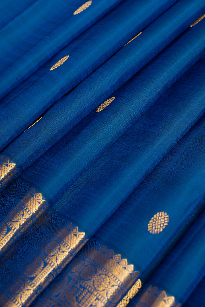 Peacock blue small Border pure Kanchipuram silk saree