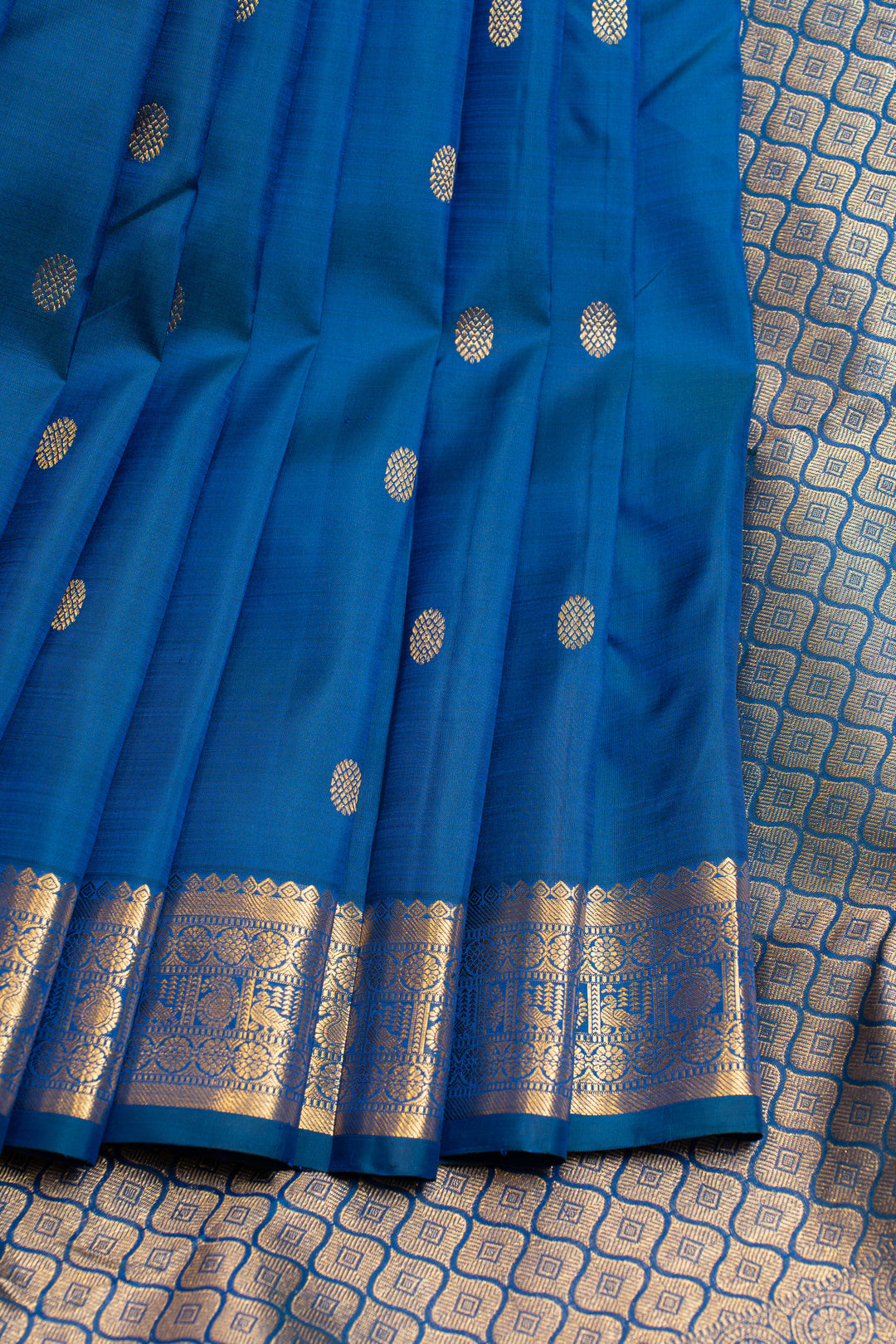 Peacock blue small Border pure Kanchipuram silk saree