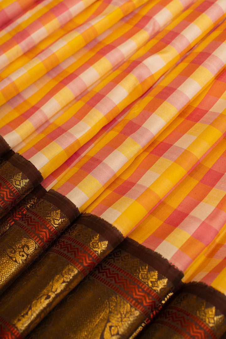 Pink and brown Vintage checks pure Kanchipuram silk saree