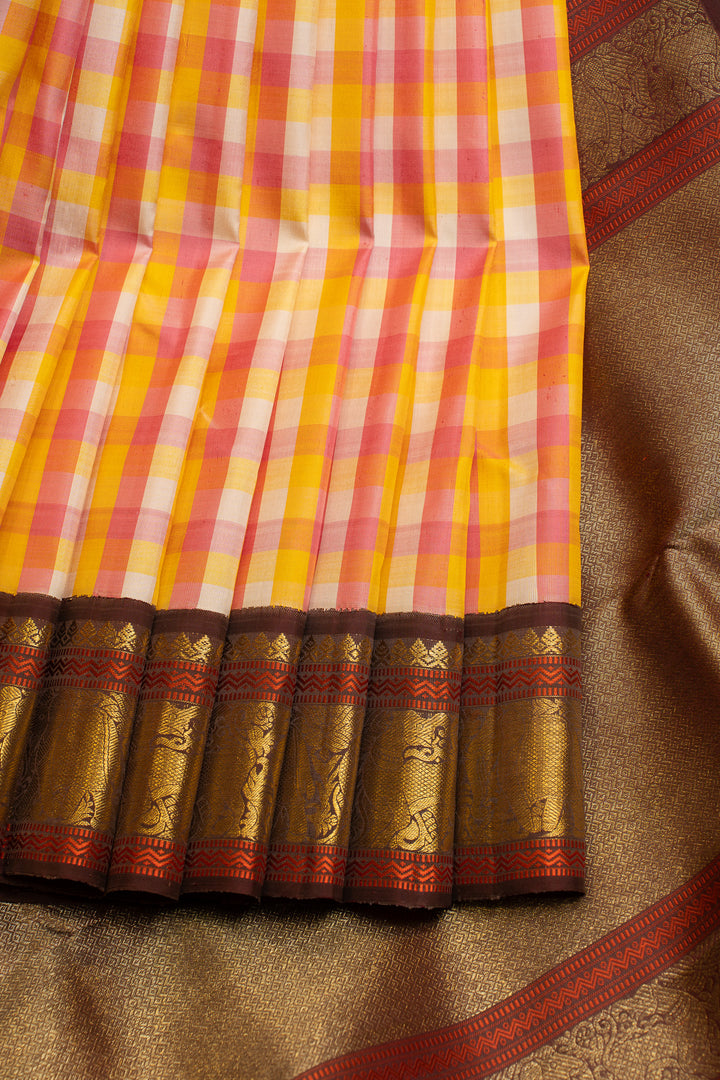 Pink and brown Vintage checks pure Kanchipuram silk saree