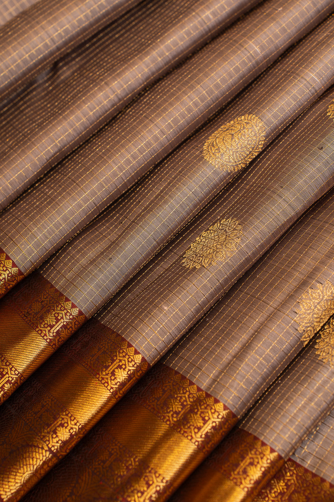 Grey Zari checks and red pure Kanchipuram silk saree