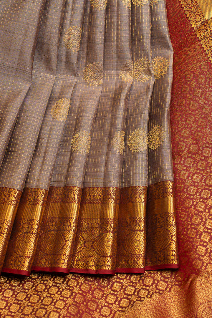 Grey Zari checks and red pure Kanchipuram silk saree