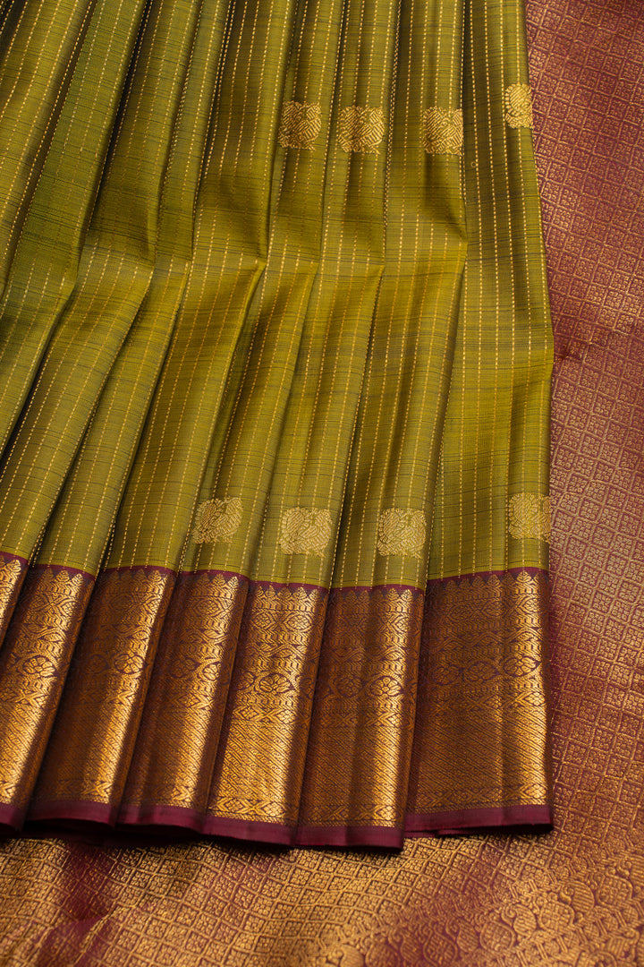 Mehndi green and jamun Zari stripes  pure Kanchipuram silk saree