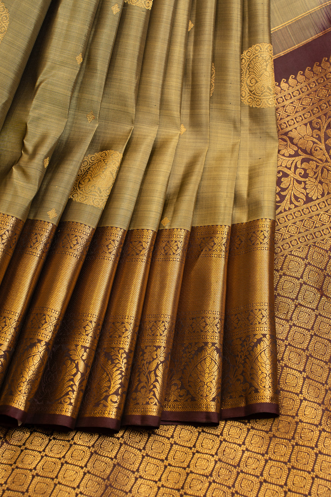 Sea green and brown pure Kanchipuram silk saree