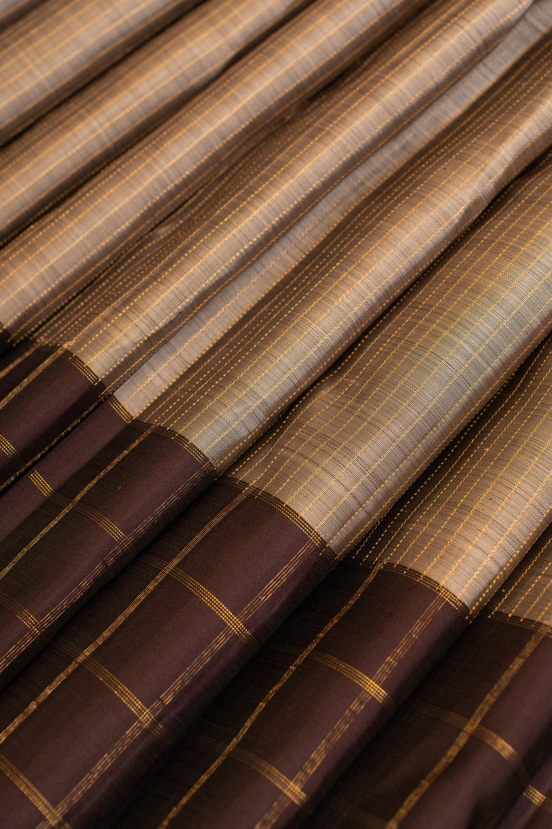 Grey and brown checks pure Kanchipuram silk saree