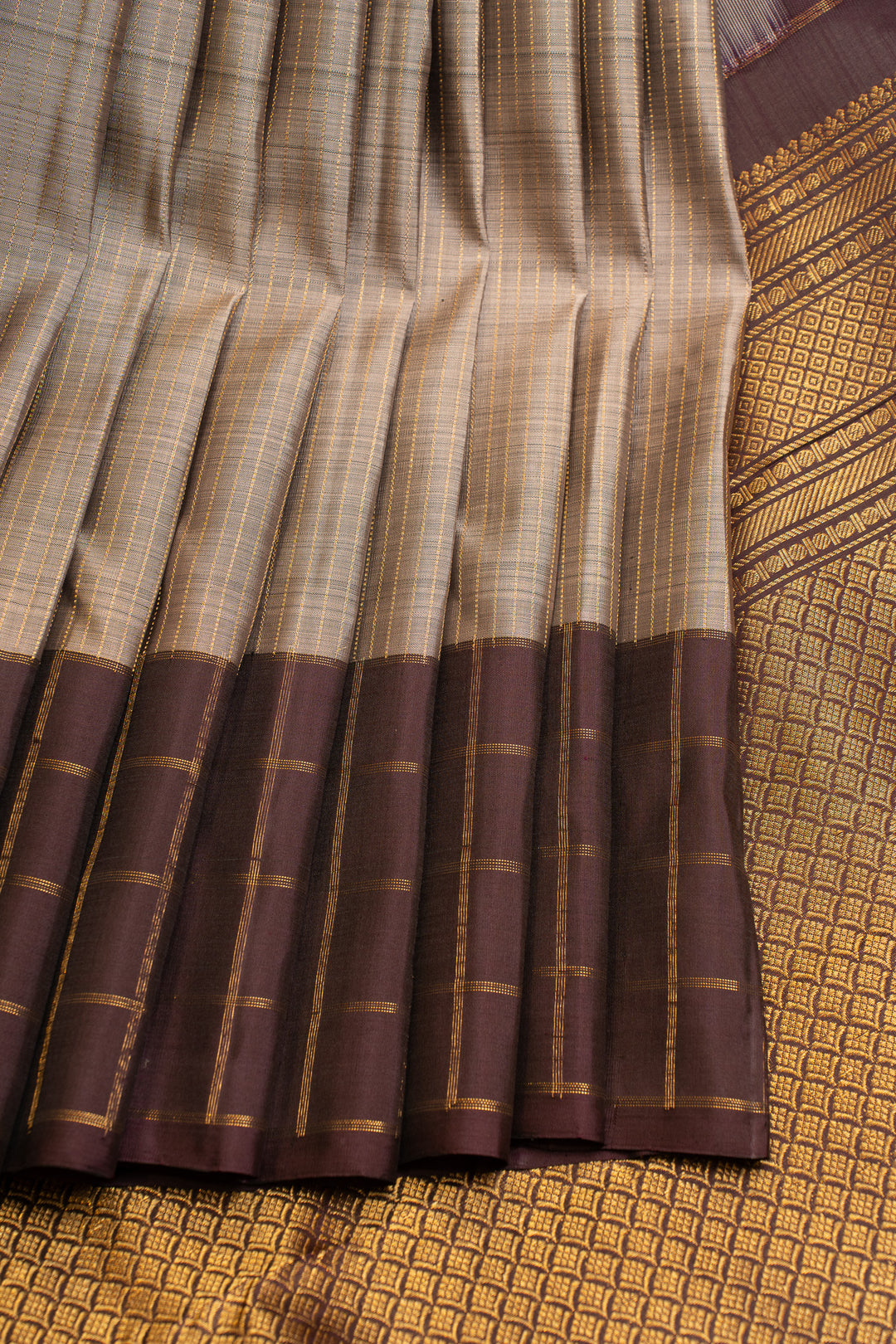 Grey and brown checks pure Kanchipuram silk saree