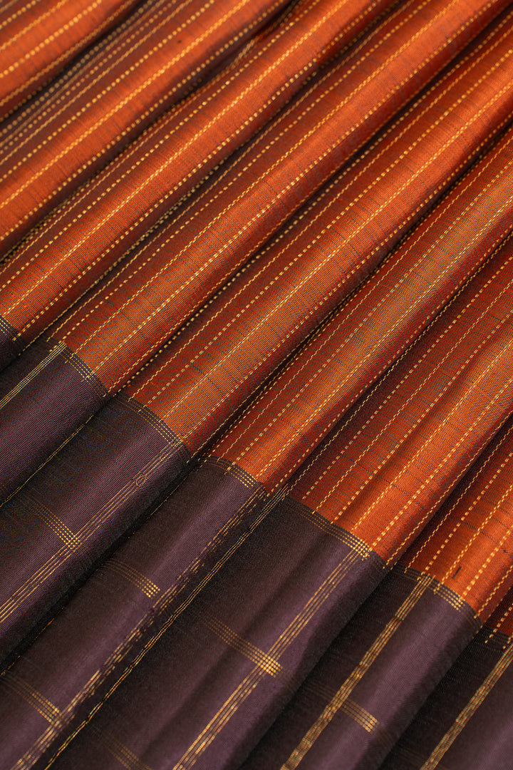 Rust orange Zari stripes pure Kanchipuram silk saree