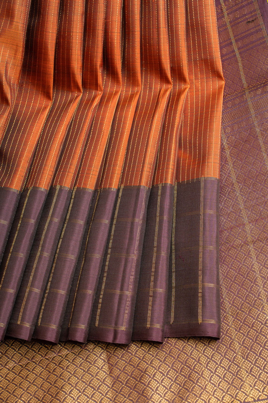 Rust orange Zari stripes pure Kanchipuram silk saree