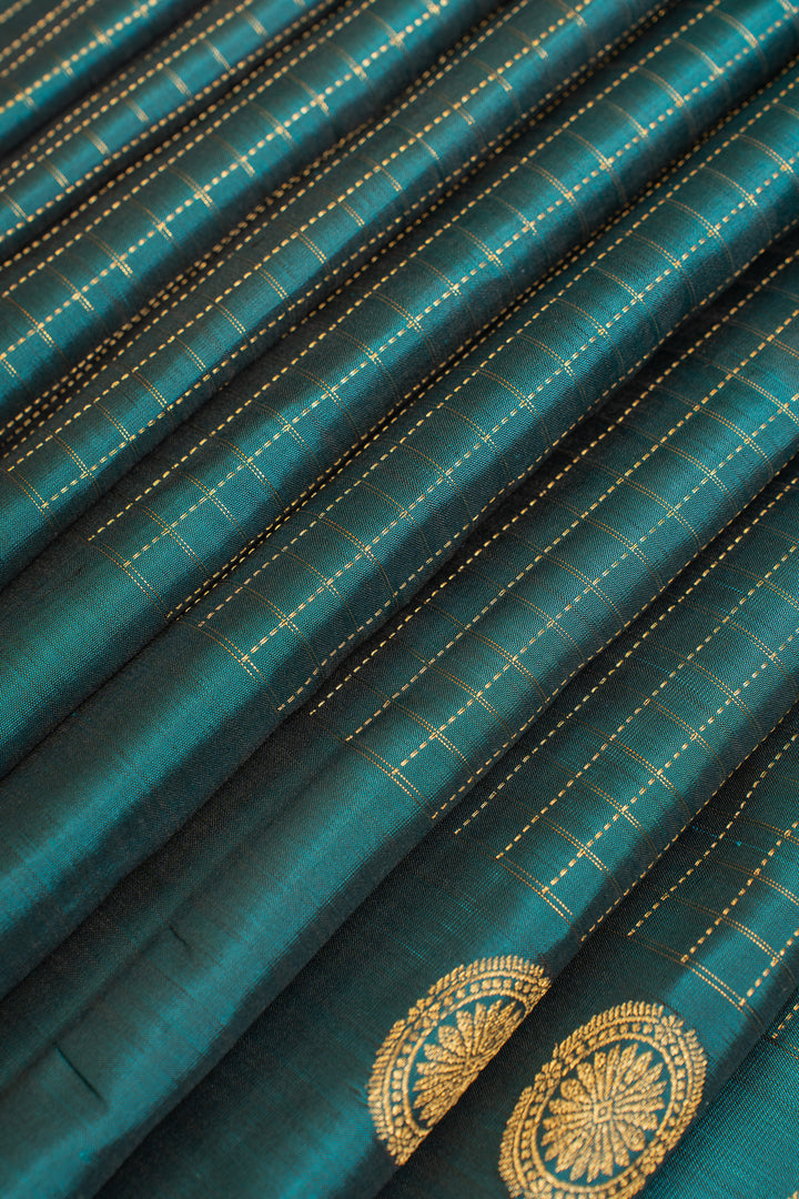 Peacock blue Zari checks pure Kanchipuram silk saree