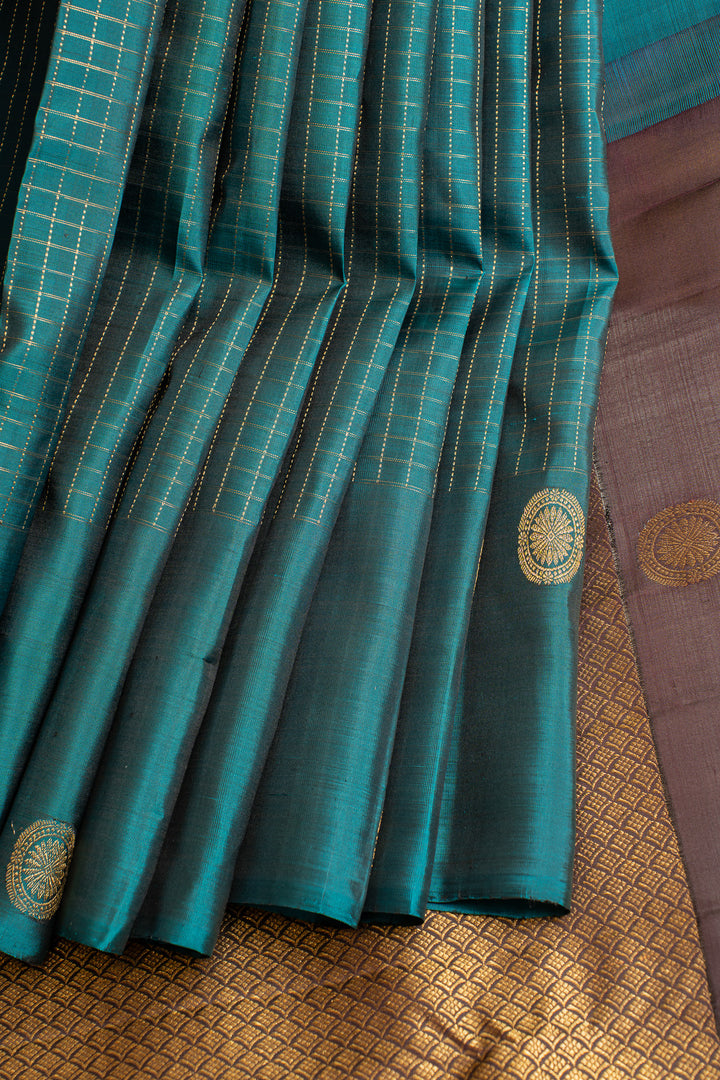 Peacock blue Zari checks pure Kanchipuram silk saree
