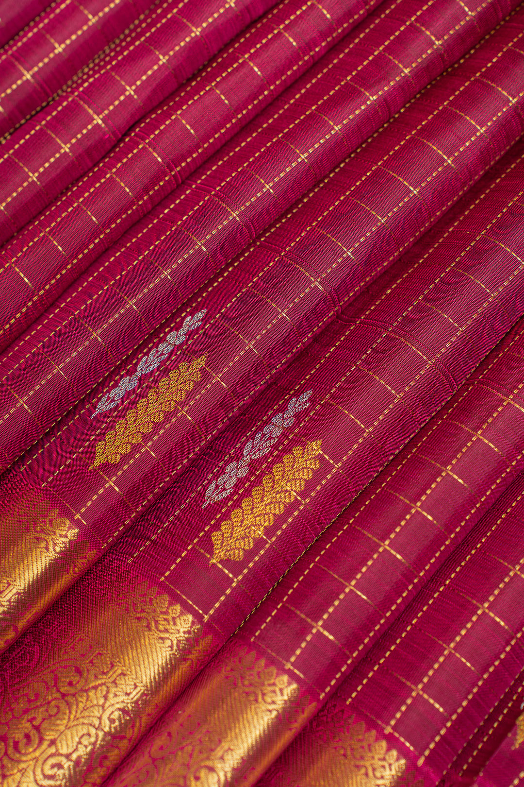 Magenta Zari checks  pure Kanchipuram silk saree
