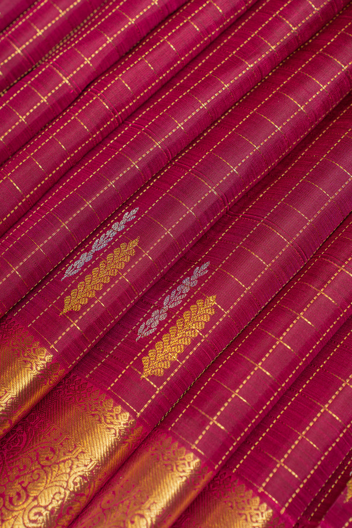Magenta Zari checks  pure Kanchipuram silk saree
