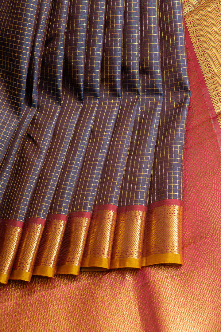 Bluish pink Zari checks pure Kanchipuram silk saree